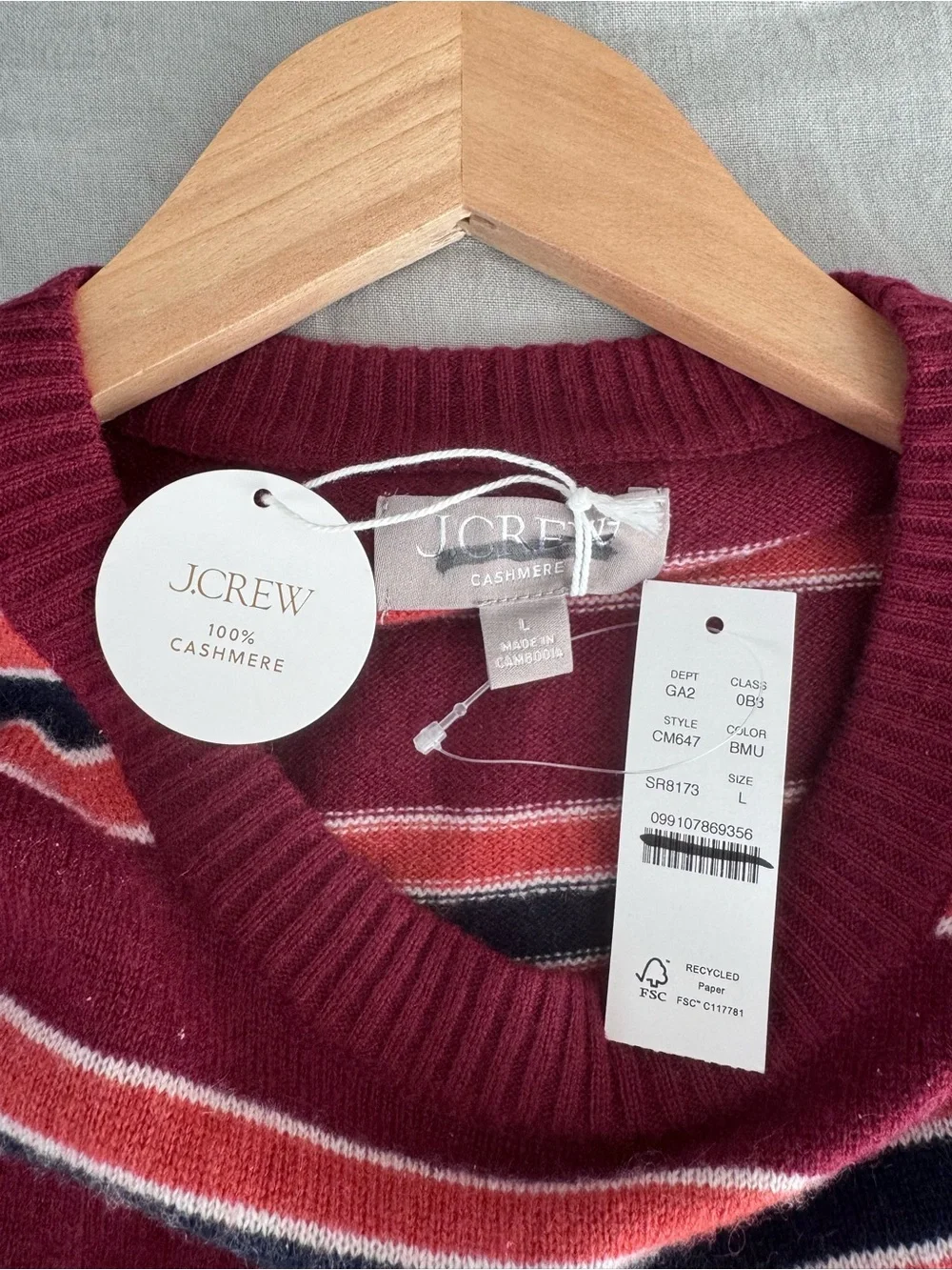 NWT J Crew Perfect Cashmere Crewneck Sweater In Stripe Size L - Picture 4 of 7